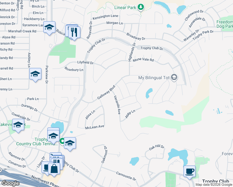 map of restaurants, bars, coffee shops, grocery stores, and more near 2240 Veranda Avenue in Trophy Club