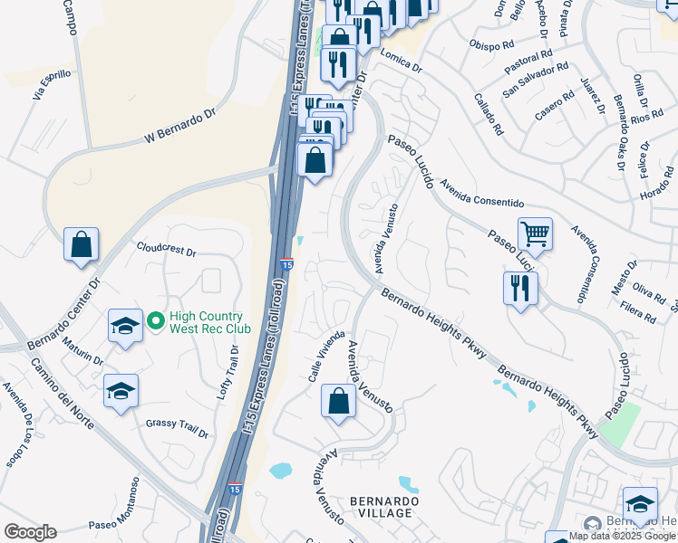 map of restaurants, bars, coffee shops, grocery stores, and more near 16130 Avenida Venusto in San Diego