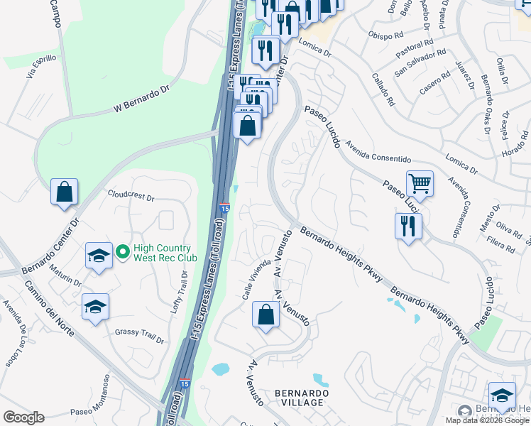 map of restaurants, bars, coffee shops, grocery stores, and more near 16130 Avenida Venusto in San Diego