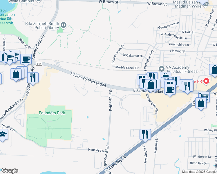 map of restaurants, bars, coffee shops, grocery stores, and more near 2010 Farm to Market 544 in Wylie