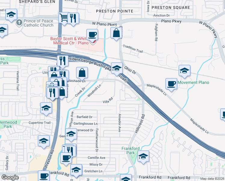 map of restaurants, bars, coffee shops, grocery stores, and more near 6601 Villa Road in Dallas