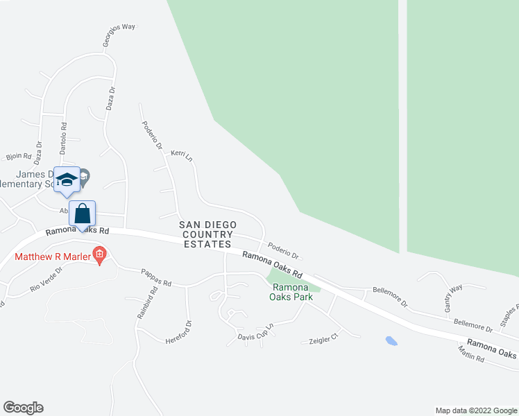 map of restaurants, bars, coffee shops, grocery stores, and more near 25334 Kerri Lane in Ramona