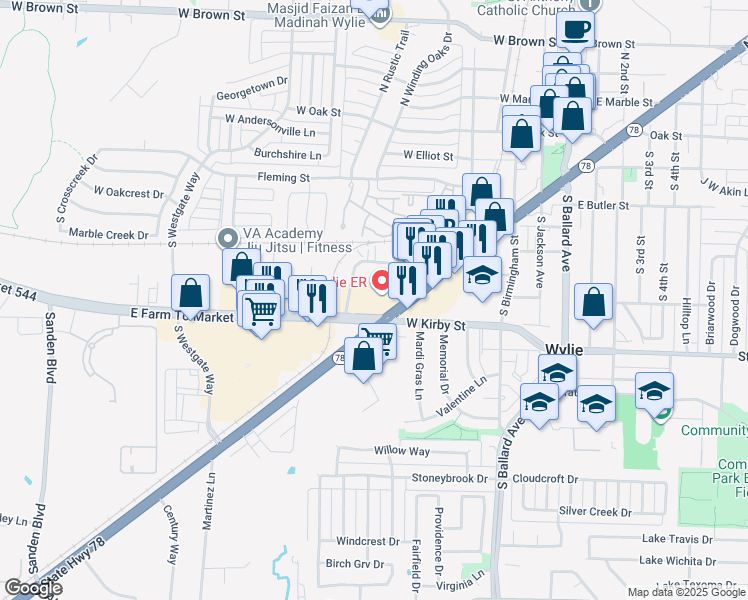 map of restaurants, bars, coffee shops, grocery stores, and more near 713 East Farm to Market Road 544 in Wylie