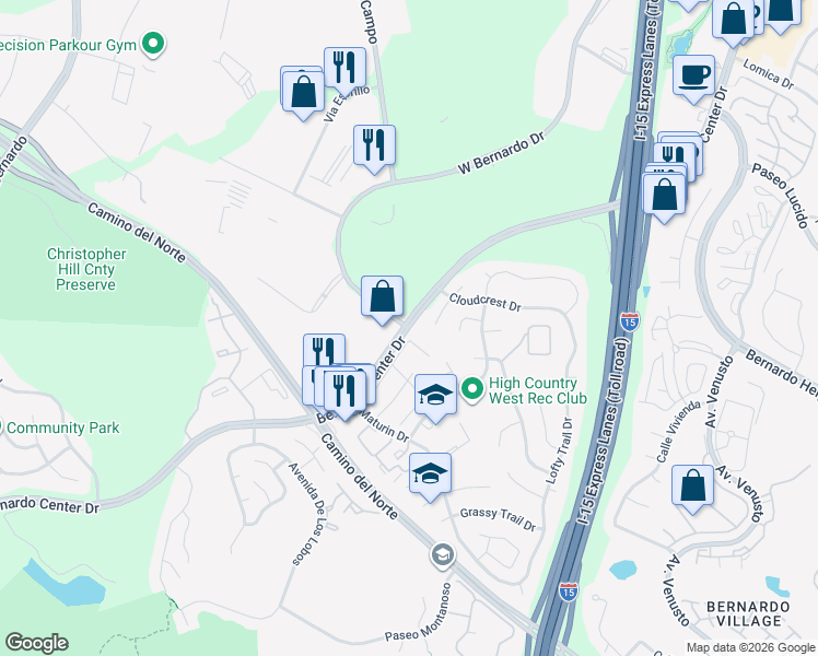 map of restaurants, bars, coffee shops, grocery stores, and more near Bernardo Center Drive & West Bernardo Drive in San Diego