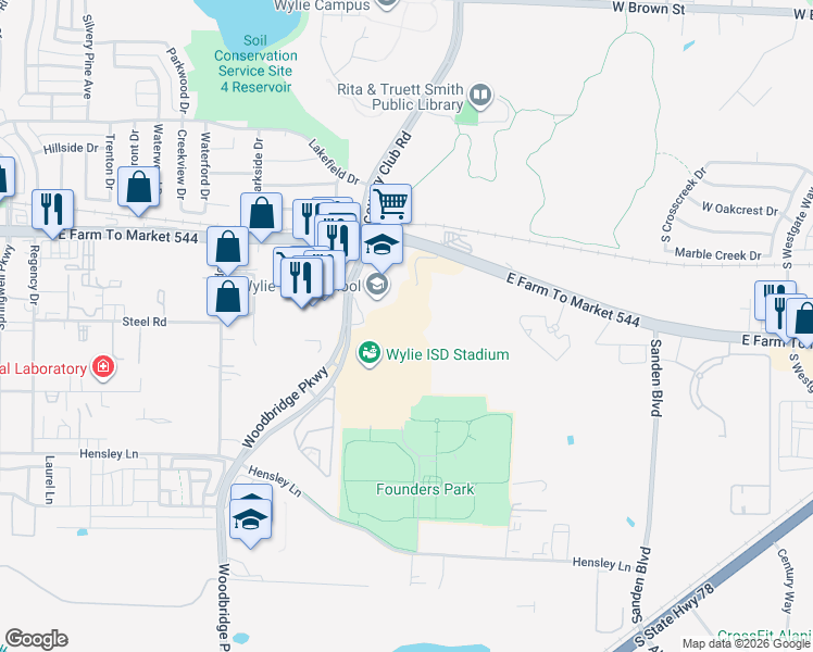 map of restaurants, bars, coffee shops, grocery stores, and more near 2550 Farm to Market Road 544 in Wylie