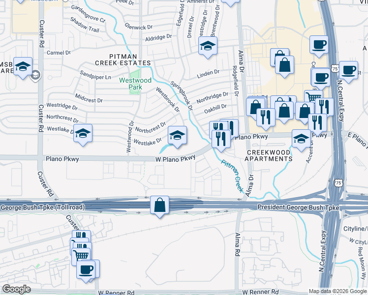 map of restaurants, bars, coffee shops, grocery stores, and more near in Plano