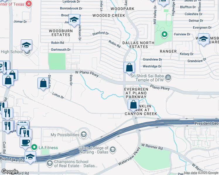 map of restaurants, bars, coffee shops, grocery stores, and more near 3400 Lotus Drive in Plano