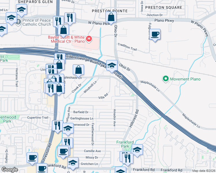 map of restaurants, bars, coffee shops, grocery stores, and more near 6601 Villa Road in Dallas