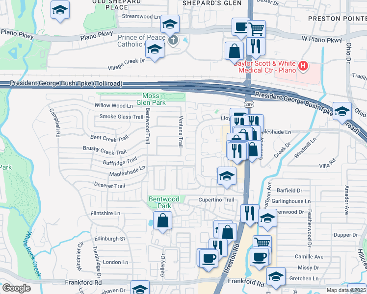 map of restaurants, bars, coffee shops, grocery stores, and more near 5624 Ventana Trail in Dallas