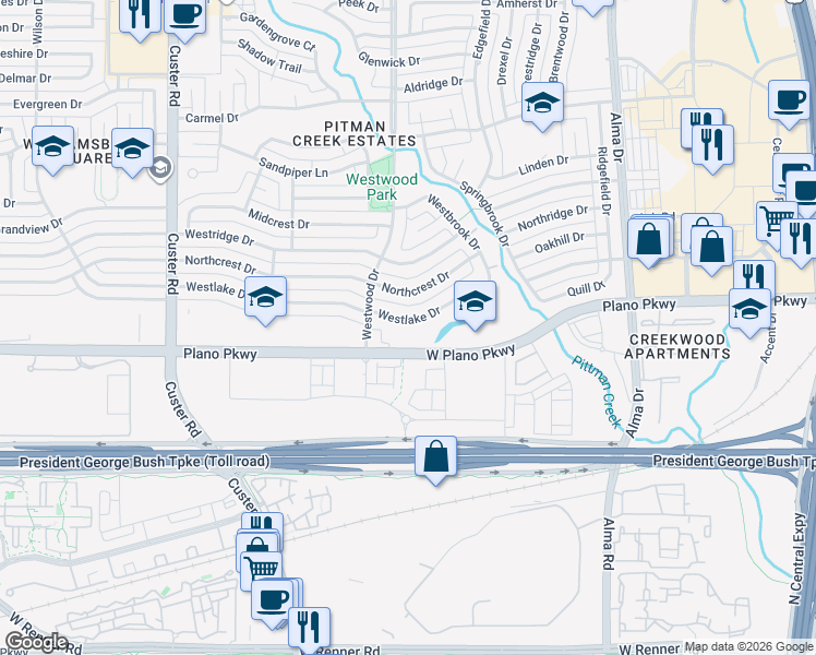 map of restaurants, bars, coffee shops, grocery stores, and more near 1612 Westlake Drive in Plano