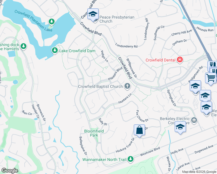 map of restaurants, bars, coffee shops, grocery stores, and more near 102 Chownings Lane in Goose Creek