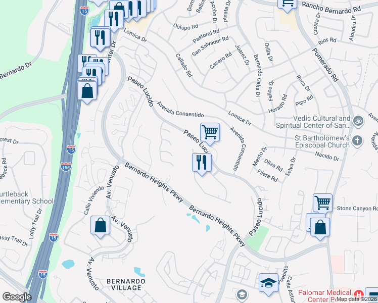 map of restaurants, bars, coffee shops, grocery stores, and more near 12213 Fairway Pointe Row in San Diego