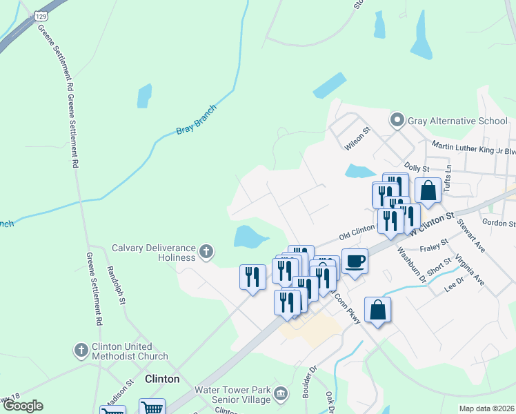 map of restaurants, bars, coffee shops, grocery stores, and more near 285 Bradley Drive in Gray