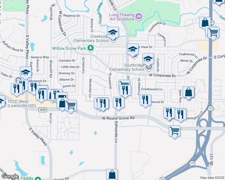 map of restaurants, bars, coffee shops, grocery stores, and more near 2148 Glenhaven Drive in Lewisville