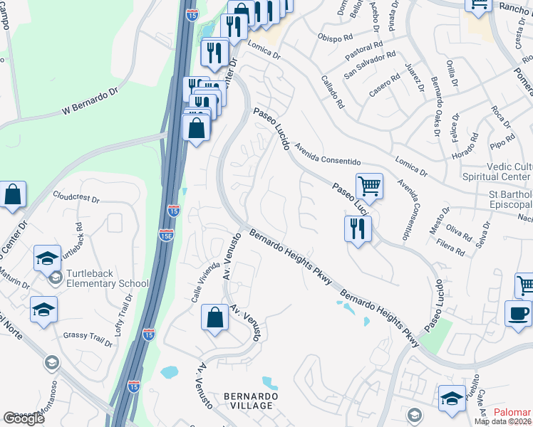 map of restaurants, bars, coffee shops, grocery stores, and more near 16265 Avenida Suavidad in San Diego