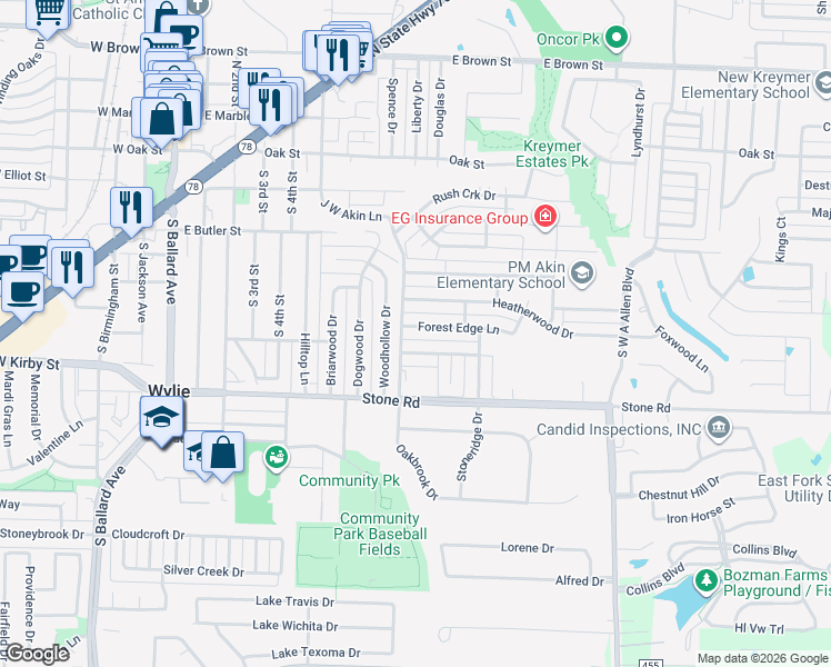 map of restaurants, bars, coffee shops, grocery stores, and more near 804 Autumn Hill Drive in Wylie