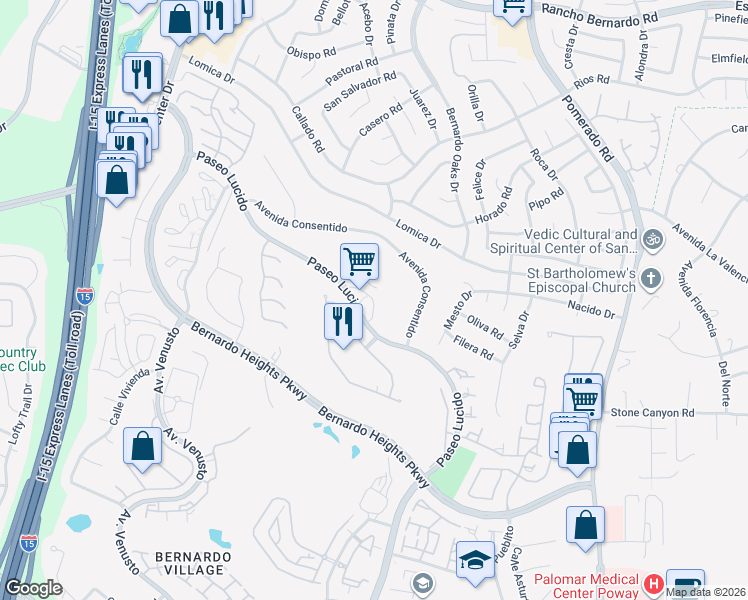 map of restaurants, bars, coffee shops, grocery stores, and more near 12242 Paseo Lucido in San Diego