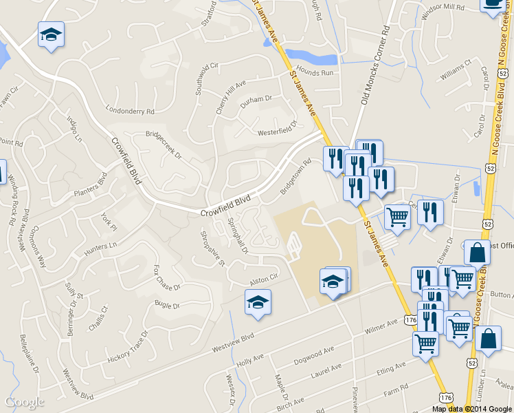 map of restaurants, bars, coffee shops, grocery stores, and more near 101 Bridgetown Road in Goose Creek