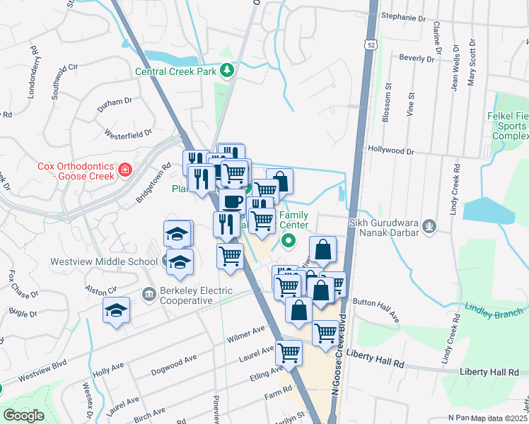 map of restaurants, bars, coffee shops, grocery stores, and more near 100 Central Avenue in Goose Creek