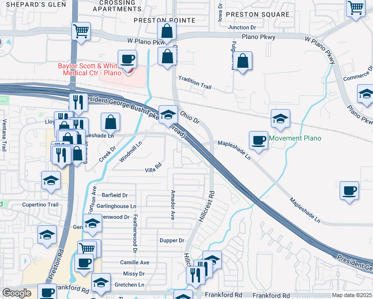 map of restaurants, bars, coffee shops, grocery stores, and more near 6606 Mapleshade Lane in Dallas