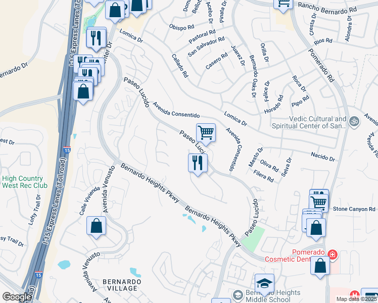 map of restaurants, bars, coffee shops, grocery stores, and more near 12180 Fairway Pointe Row in San Diego