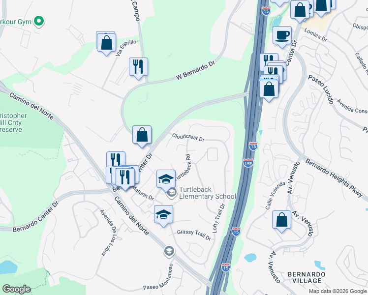 map of restaurants, bars, coffee shops, grocery stores, and more near 16095 Big Springs Way in San Diego