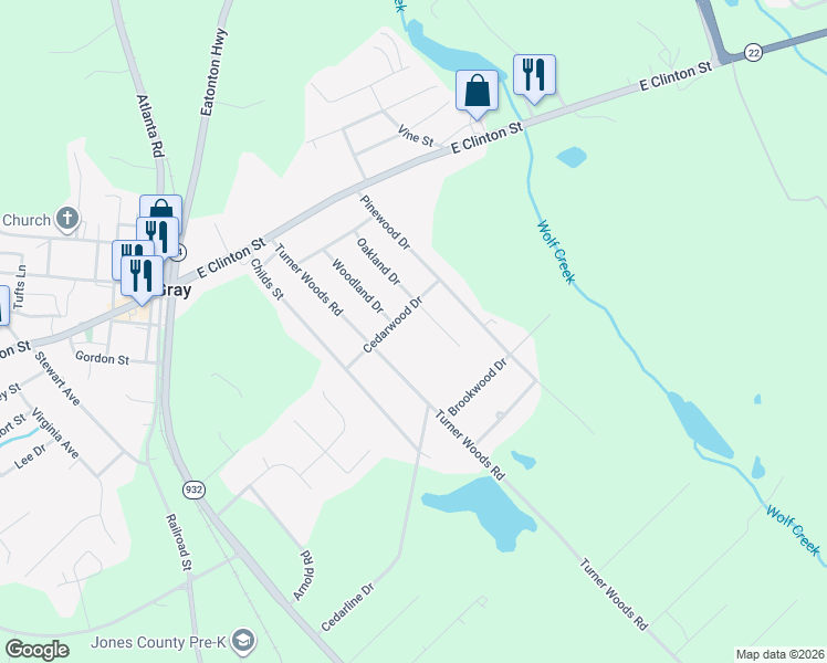 map of restaurants, bars, coffee shops, grocery stores, and more near 179 Turner Woods Road in Gray