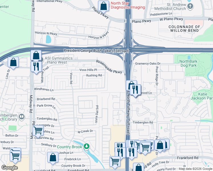 map of restaurants, bars, coffee shops, grocery stores, and more near 4460 Whitewater Lane in Dallas