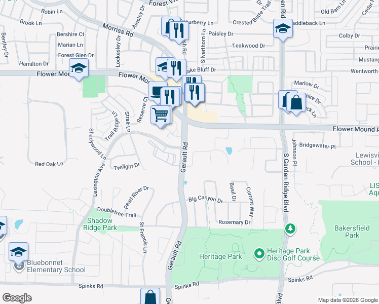 map of restaurants, bars, coffee shops, grocery stores, and more near 1712 Carter Circle in Flower Mound