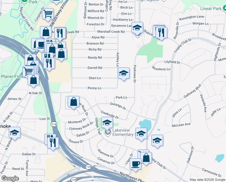 map of restaurants, bars, coffee shops, grocery stores, and more near 6 Hideaway Court in Trophy Club