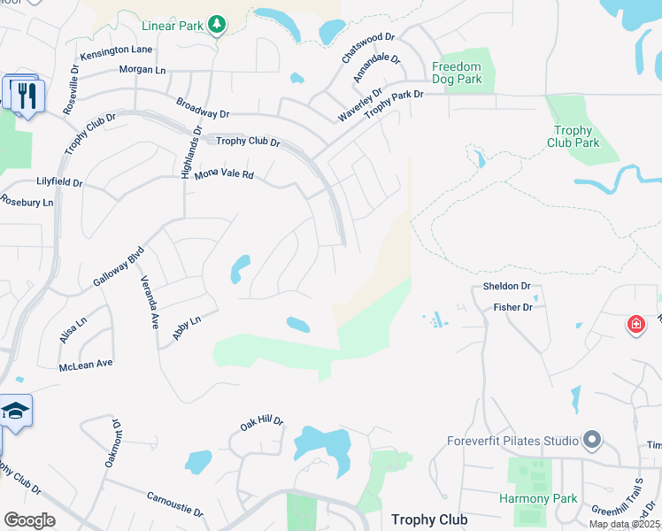 map of restaurants, bars, coffee shops, grocery stores, and more near 2821 Marrickville Drive in Trophy Club