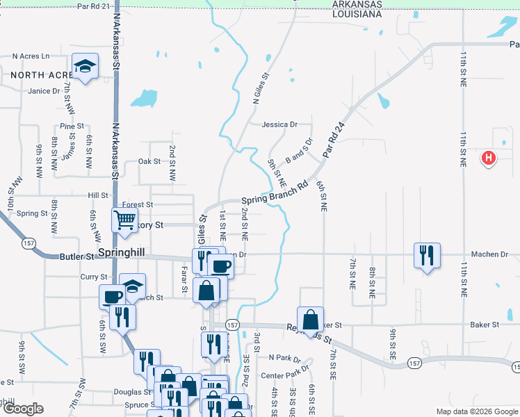 map of restaurants, bars, coffee shops, grocery stores, and more near 200 Elmwood Street in Springhill
