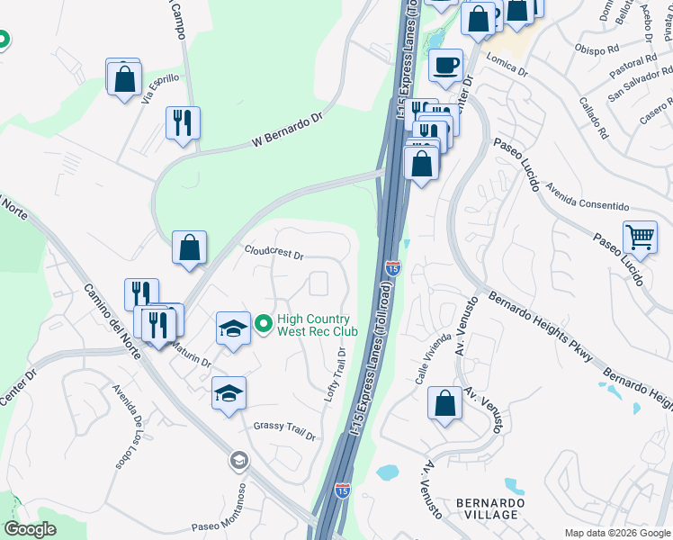 map of restaurants, bars, coffee shops, grocery stores, and more near 16190 Lofty Trail Drive in San Diego