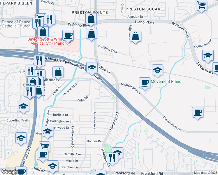 map of restaurants, bars, coffee shops, grocery stores, and more near President George Bush Turnpike in Dallas