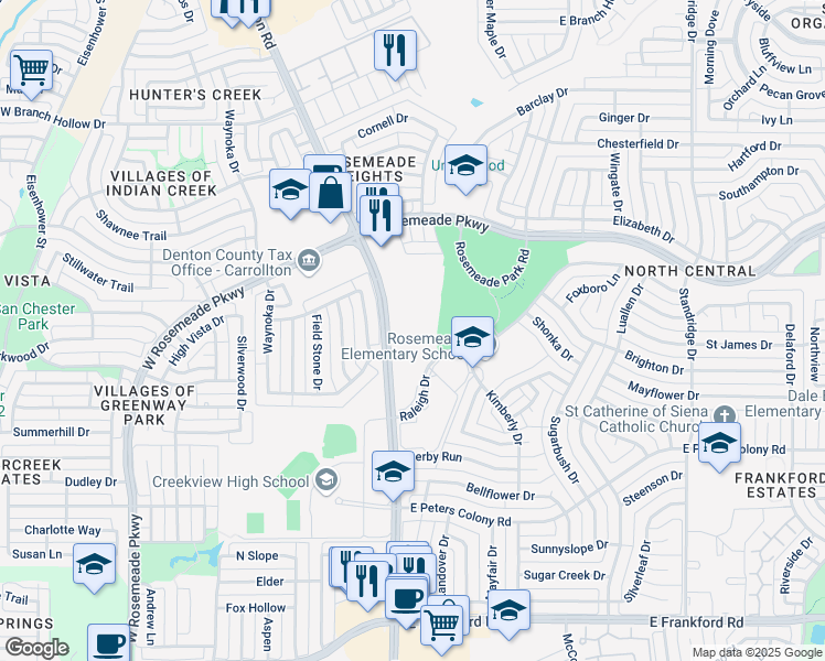 map of restaurants, bars, coffee shops, grocery stores, and more near 3500 Old Denton Road in Carrollton