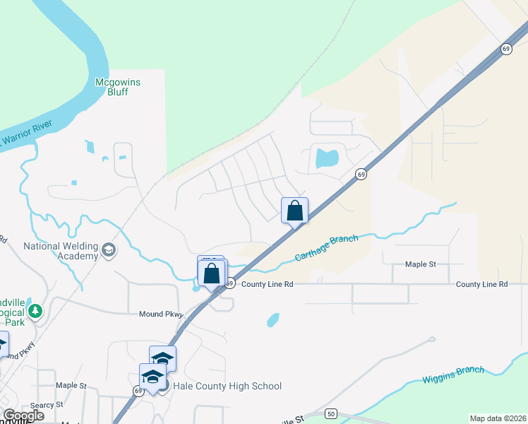 map of restaurants, bars, coffee shops, grocery stores, and more near 16433 Pottery Ln in Moundville