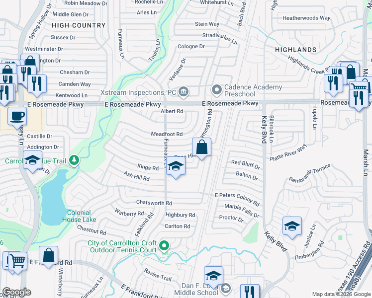 map of restaurants, bars, coffee shops, grocery stores, and more near 2112 Meadfoot Road in Carrollton