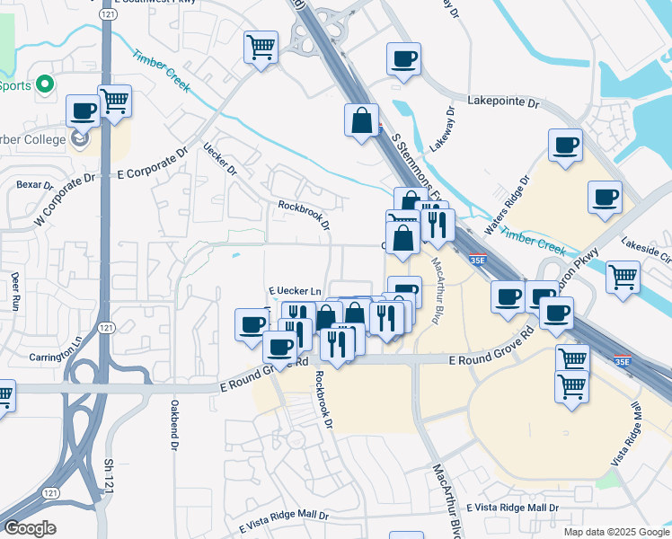 map of restaurants, bars, coffee shops, grocery stores, and more near 2277 Salado Drive in Lewisville