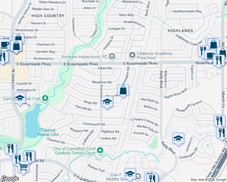 map of restaurants, bars, coffee shops, grocery stores, and more near 2112 Meadfoot Road in Carrollton
