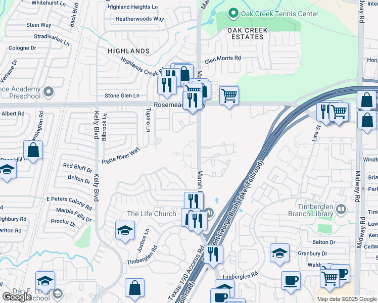 map of restaurants, bars, coffee shops, grocery stores, and more near 18749 Marsh Lane in Dallas