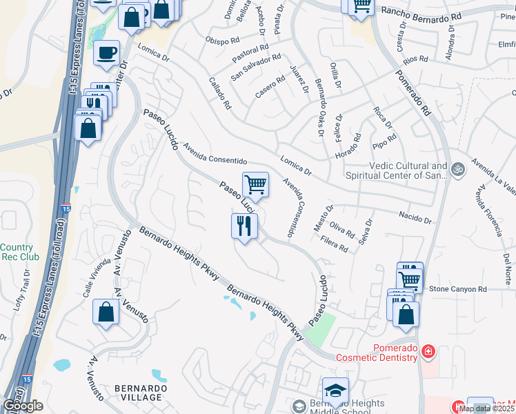 map of restaurants, bars, coffee shops, grocery stores, and more near 12292 Paseo Lucido in San Diego