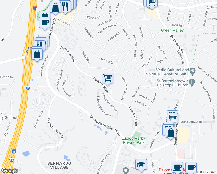 map of restaurants, bars, coffee shops, grocery stores, and more near 12232 Paseo Lucido in San Diego