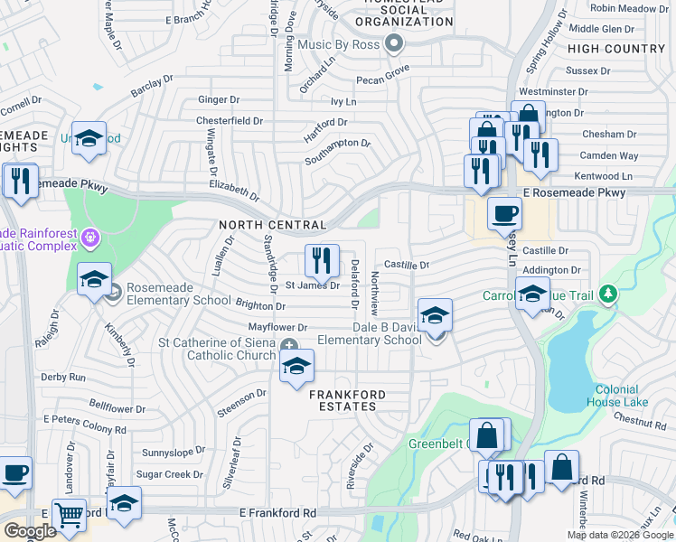 map of restaurants, bars, coffee shops, grocery stores, and more near 1736 Delaford Court in Carrollton