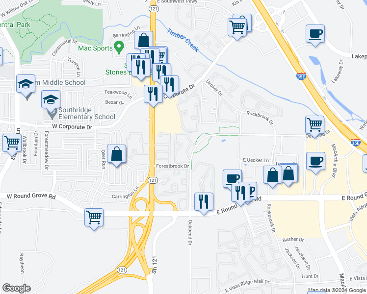 map of restaurants, bars, coffee shops, grocery stores, and more near 165 Forestbrook Drive in Lewisville