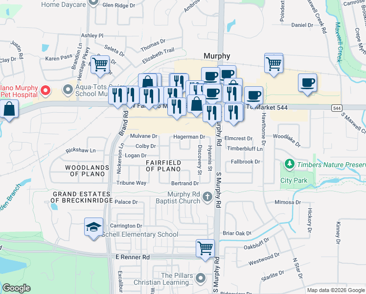 map of restaurants, bars, coffee shops, grocery stores, and more near 1117 Ruby Street in Plano