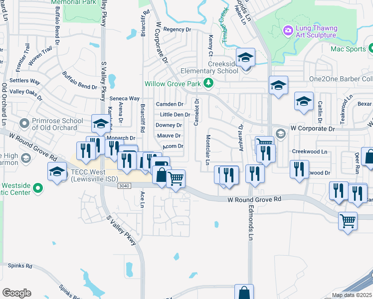 map of restaurants, bars, coffee shops, grocery stores, and more near 981 Acorn Drive in Lewisville