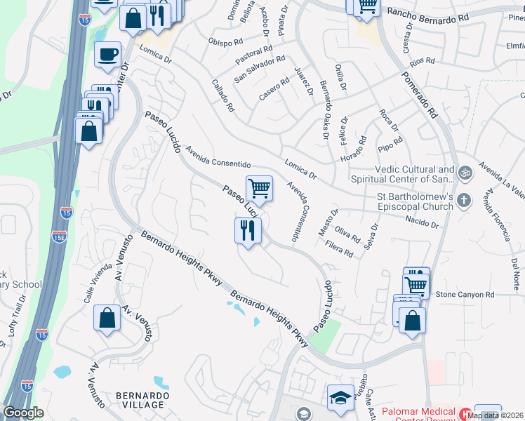 map of restaurants, bars, coffee shops, grocery stores, and more near 12252 Paseo Lucido in San Diego