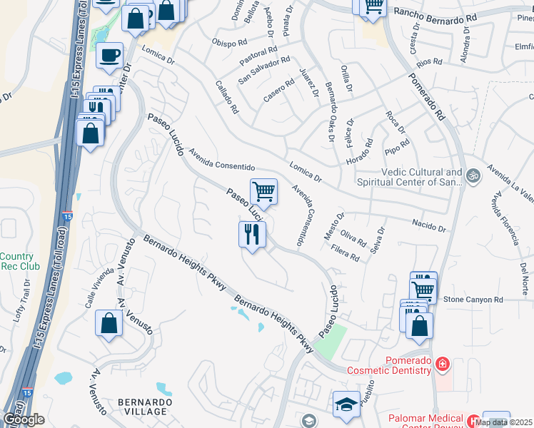 map of restaurants, bars, coffee shops, grocery stores, and more near 12282 Paseo Lucido in San Diego