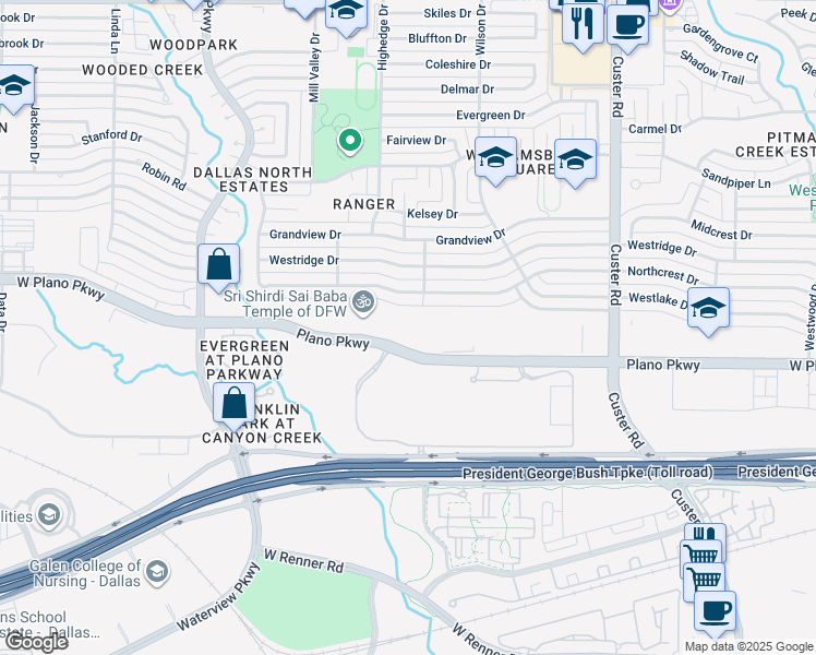 map of restaurants, bars, coffee shops, grocery stores, and more near 2625 West Plano Parkway in Plano