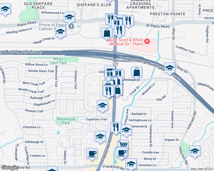 map of restaurants, bars, coffee shops, grocery stores, and more near 19125 Preston Road in Dallas